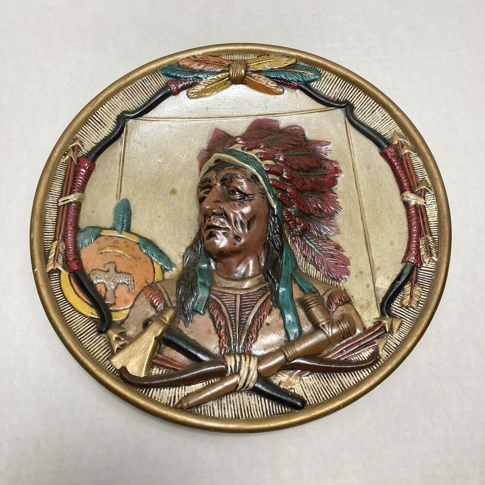 Vintage Native American 3D Plaque Stoic Chief Feathers Tomahawk Bows 70s/80s
